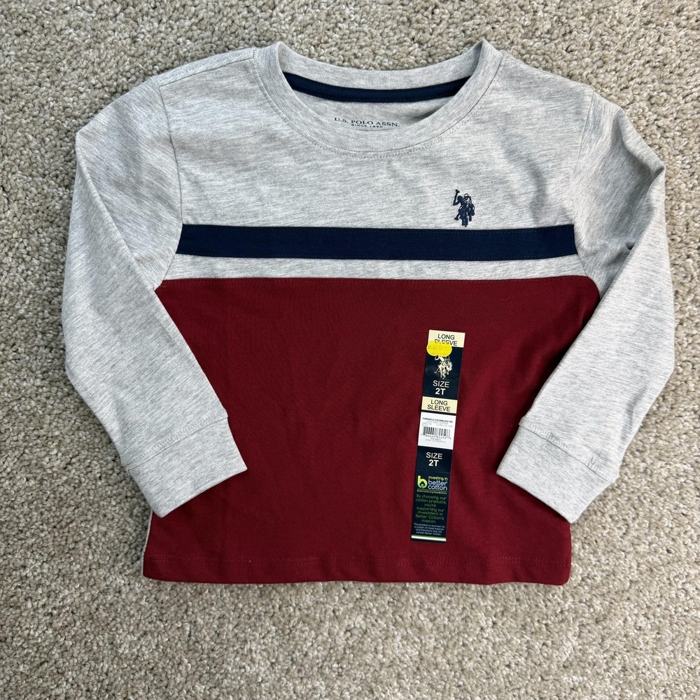 U.S. Polo Assn Shirt Toddler 2T Gray Red Colorblock Long Sleeve Tee T-Shirt